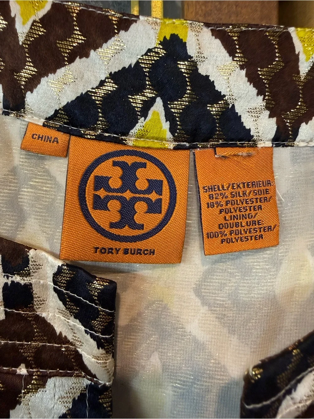 TORY BURCH Brown Geometric Print Split-Neck Women’s Top